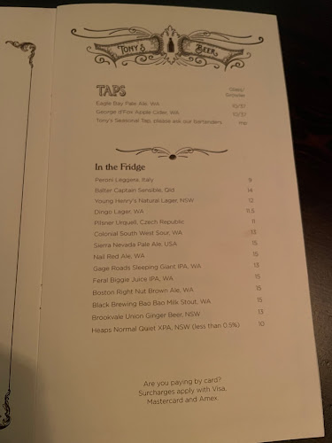 Opinii despre Sneaky Tony's în Northbridge - Hospitality and gastronomy