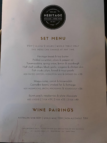 Opinii despre The Heritage Wine Bar & Restaurant în Perth - Hospitality and gastronomy