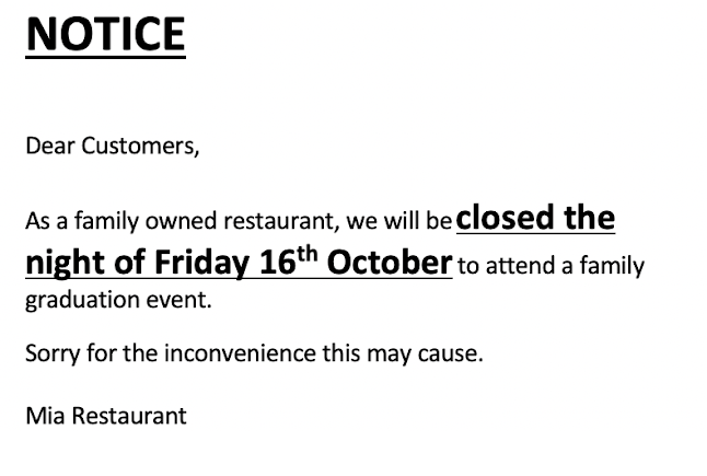 Mia Restaurant- Western and Asian - Hospitality and gastronomy