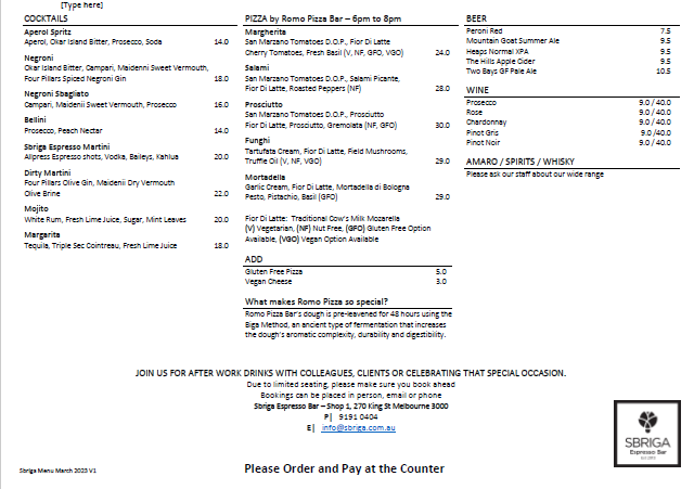 Opinii despre Sbriga Espresso Bar în Melbourne - Hospitality and gastronomy